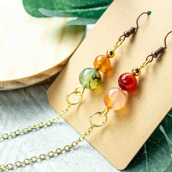 Multicolor Agate - Gold - Dangle Earrings - Picture 1 of 12